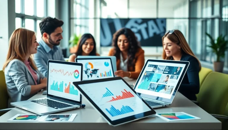 Engaging visual showcasing social media ads created by a diverse team in a modern office environment.