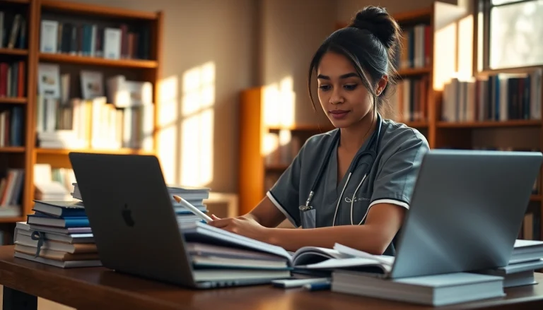 Nursing student preparing for the NCLEX exam with books and notes on a study desk.