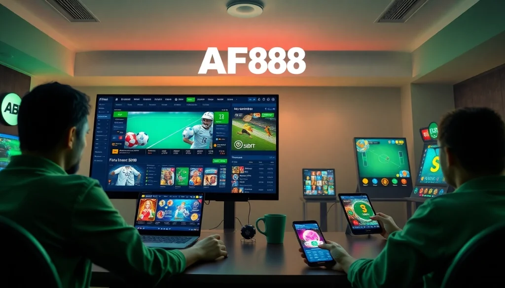 Engaging scene of users interacting with AF88.com online betting platform on mobile and desktop, emphasizing modern gaming excitement.