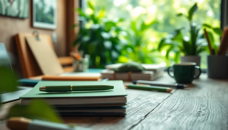 Showcase green stationery products elegantly arranged in a sustainable workspace.