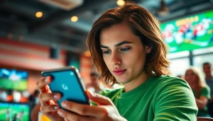 Engage in betting on MM88 with a focused player using a mobile app in a lively sports bar.