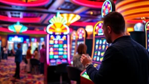 Masuk sayapbola login slot dengan mesin slot berwarna cerah dan pemain yang bersemangat.