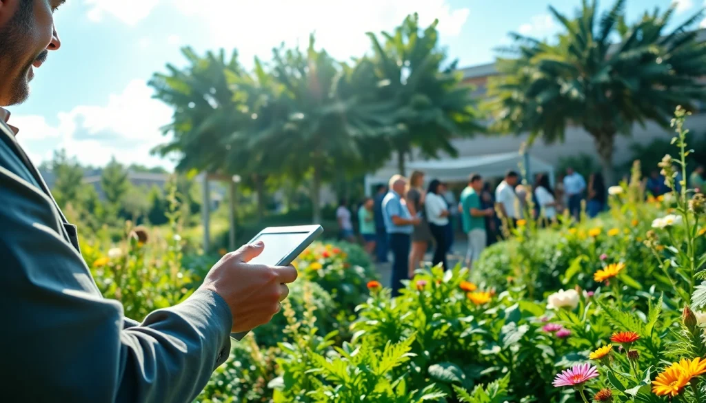 Observe the journalist at https://www.unsustainablemagazine.com in a lush urban garden, highlighting sustainability.