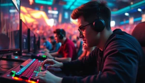 vj88 player immersed in a vivid gaming competition showcasing intense focus and vibrant surroundings.