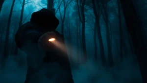 Holding a flashlight in a dark forest, a thriller book cover depicts suspenseful atmosphere.