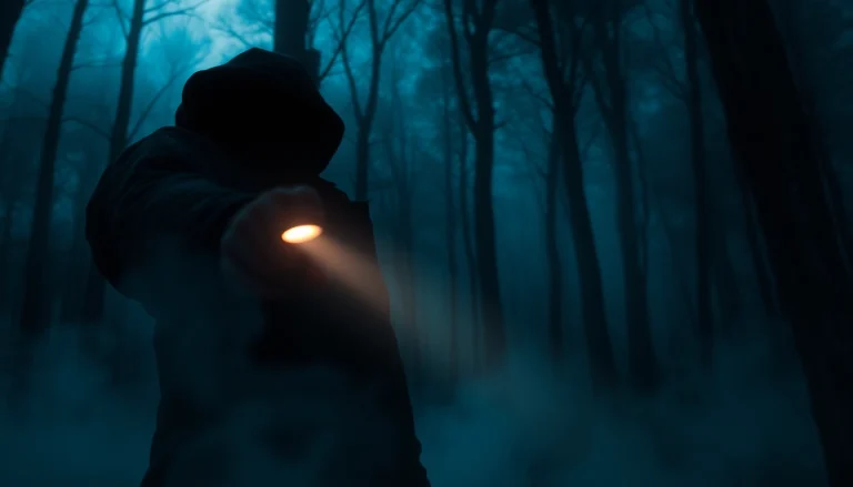 Holding a flashlight in a dark forest, a thriller book cover depicts suspenseful atmosphere.