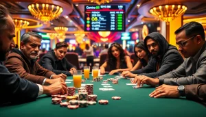 Menggambarkan momen seru Domino88 poker game dengan pemain penuh konsentrasi di meja kasino.