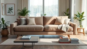 Cozy sofa bed in a modern living room featuring plush cushions and bright natural light.