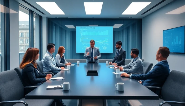 Engaged team in a modern workplace discussing strategies at https://fhpts.com with digital screens.