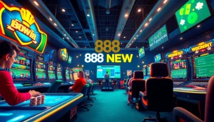 Vibrant digital art showcasing players enjoying diverse 888NEW gaming options like sports betting and casino games.