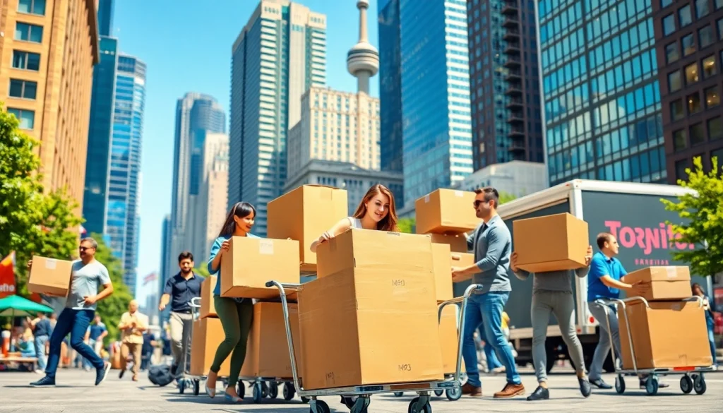 Efficient Toronto moving company packing boxes in a vibrant city environment.