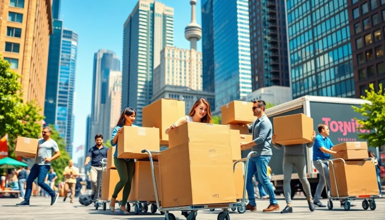 Efficient Toronto moving company packing boxes in a vibrant city environment.