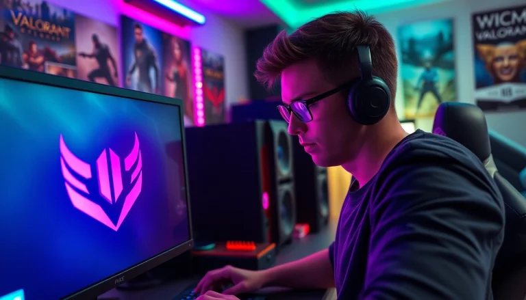 Engaging Valorant download scene with a gamer at a vibrant PC setup.