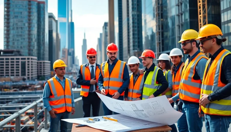 New York City Construction Manager directing a construction crew amidst iconic city buildings.