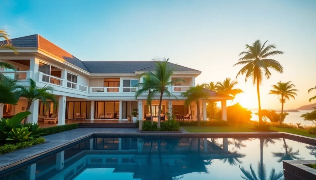 Villa property management showcasing a stunning Phuket villa with lush gardens and a serene pool area.