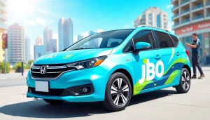 Renting with JBO, showcasing a modern vehicle in a vibrant urban setting.