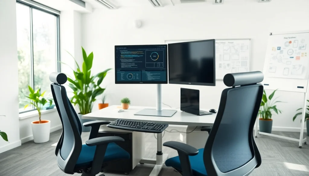 Boost productivity at our typing center with an ergonomic workspace in a bright office environment.