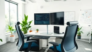 Boost productivity at our typing center with an ergonomic workspace in a bright office environment.