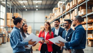 Illustration of 3PL professionals coordinating logistics in a warehouse environment.
