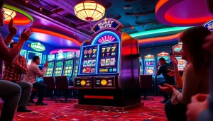 Menggairahkan pengalaman slot gacor dengan mesin slot berwarna-warni di kasino yang ramai.