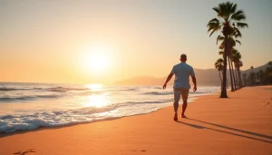 Captivating Cabo travel guide 2025 beach scene with golden sunrise and couple walking along the shore.