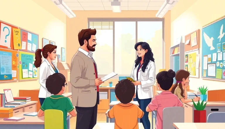 Engaging Education scene with diverse students collaborating in a colorful classroom.