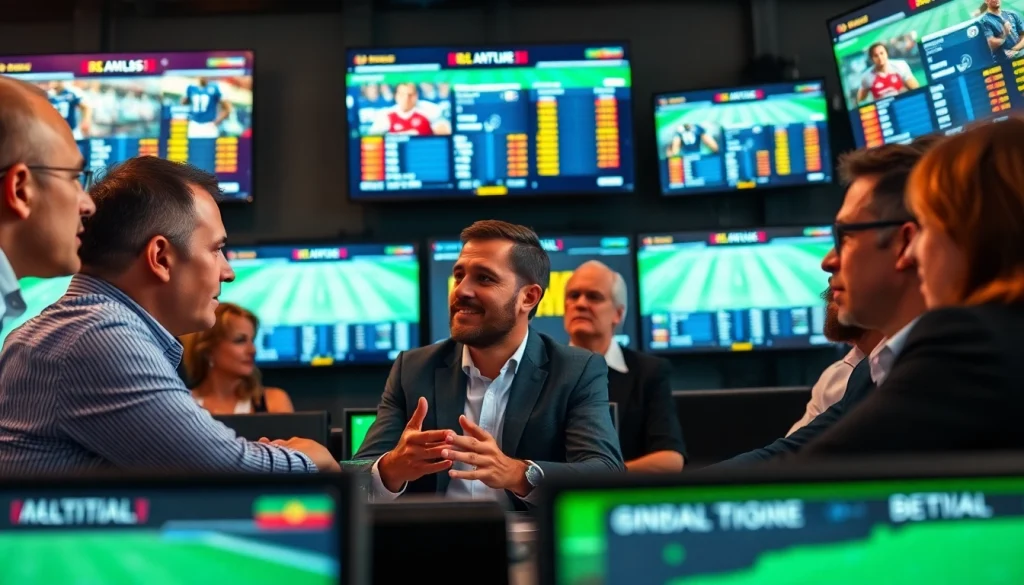 Engaged participants discussing sports betting in Brazil with screens showing betting odds.