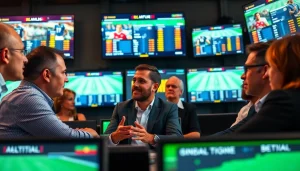 Engaged participants discussing sports betting in Brazil with screens showing betting odds.