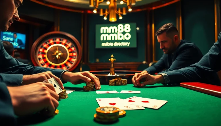 Engage in thrilling poker at mm88.directory, showcasing high-stakes chips and cards.