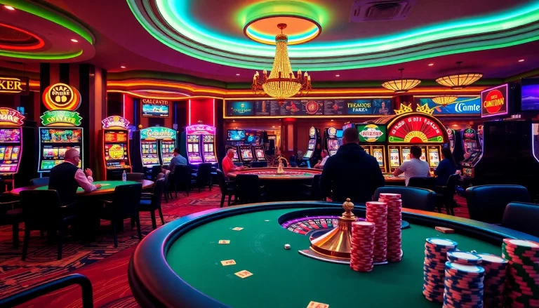 A dynamic casino atmosphere at KJC AC showcasing players at tables, colorful slot machines, and a roulette wheel.
