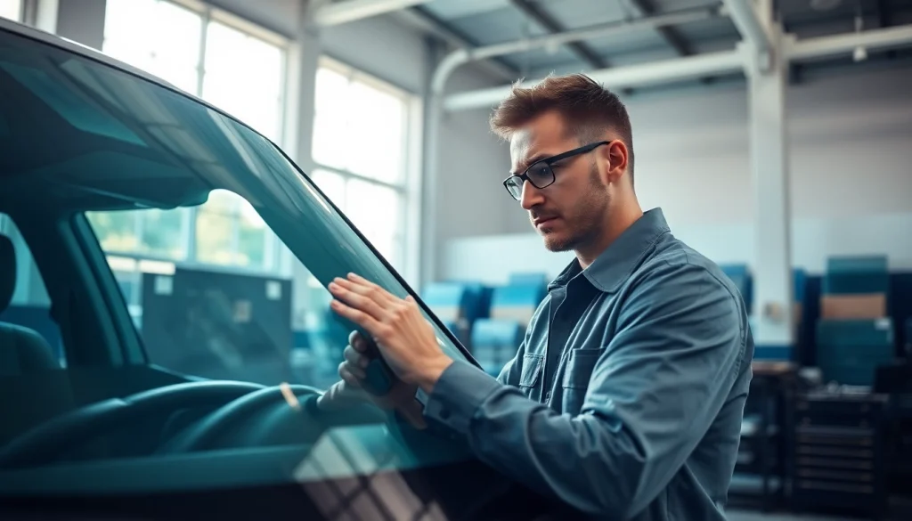 Inspecting Lifetime warranty auto glass Denver in a bright workshop with a focused technician.