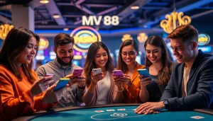 Engaged players exploring the MV 88 online gambling platform in a vibrant setting.