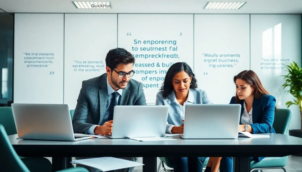 Quickplus Business Consultants team collaborating in a modern office setting, showcasing professionalism and strategy.