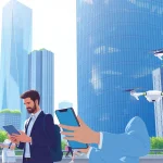 Engaging representation of Technology through innovative urban landscape and professionals interacting.