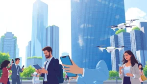 Engaging representation of Technology through innovative urban landscape and professionals interacting.