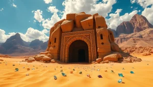 Unveil the secrets of King Solomon's Mine in a stunning desert landscape with ancient carvings.