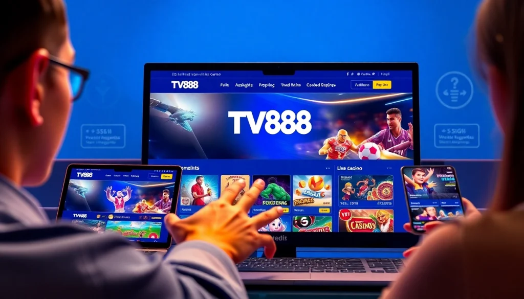 Engaging view of TV88 online gaming platform interface, showcasing user interaction on desktop and mobile, emphasizing security and enjoyment.