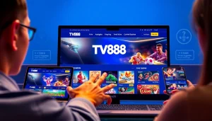Engaging view of TV88 online gaming platform interface, showcasing user interaction on desktop and mobile, emphasizing security and enjoyment.