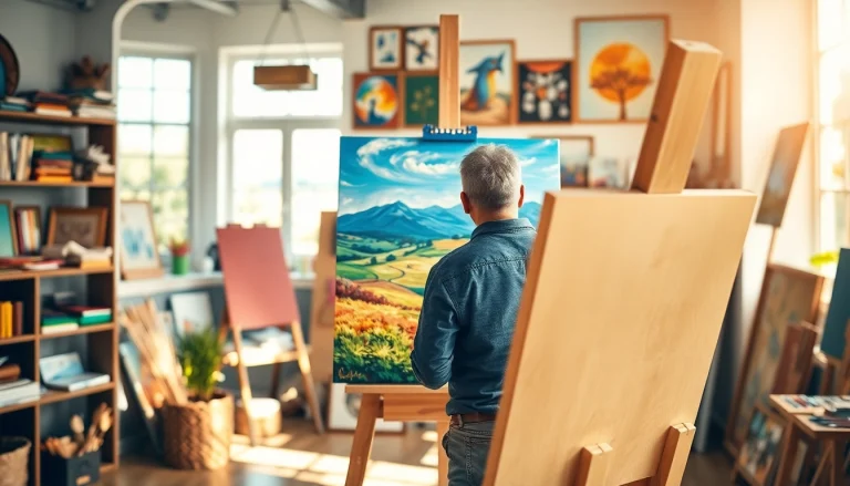 Canvas kunstenaar bezig met schilderen in een helder atelier vol kleur en materialen