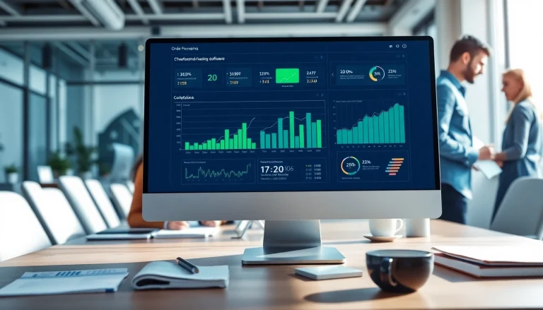 Streamlined order processing software interface on a computer in a collaborative office environment.