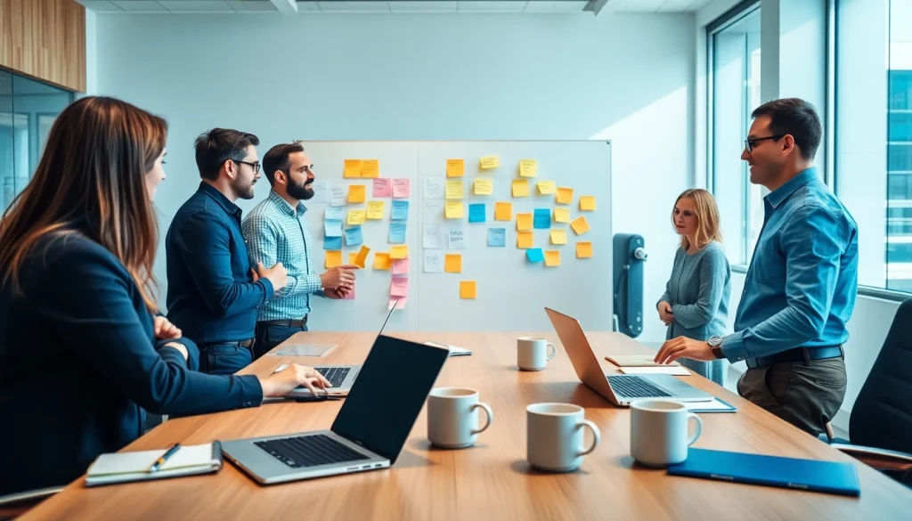 Engaging discussion in Good Wolf Marketing team at a modern office setting, showcasing dynamic collaboration.