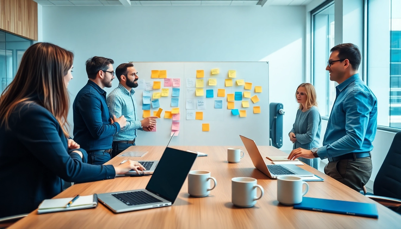 Engaging discussion in Good Wolf Marketing team at a modern office setting, showcasing dynamic collaboration.