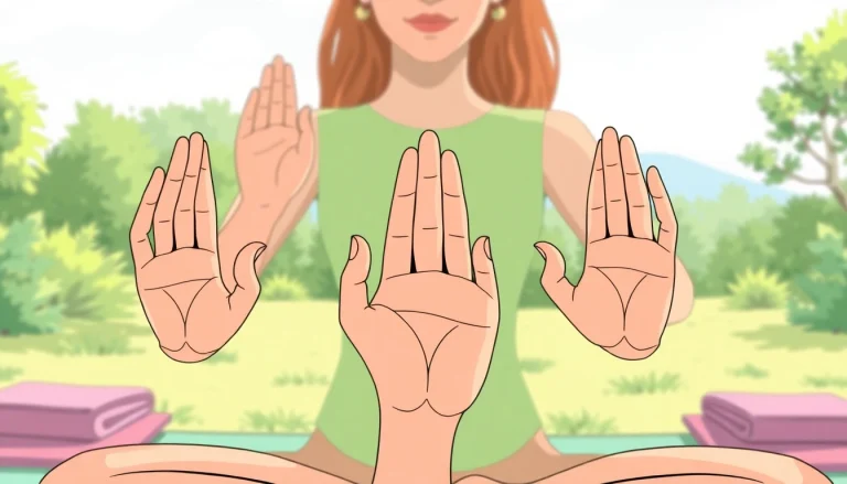 Practitioner illustrating yoga mudras in a serene outdoor setting, emphasizing relaxation and energy flow.