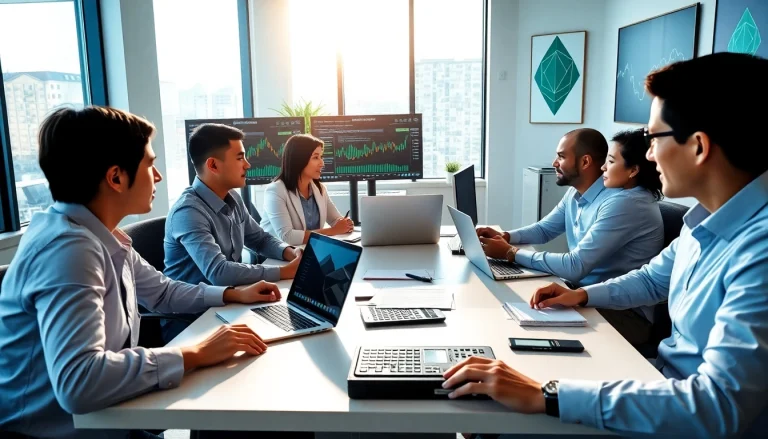 Engaged accountants at a crypto accounting firm collaborating to analyze financial data accurately.