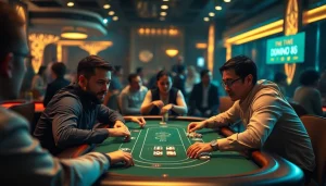 Main players enjoying the Domino88 poker game at a stylish casino table with engaging atmosphere.