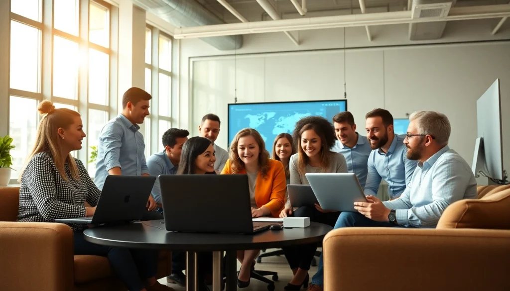 Engaged IT Companies professionals collaborating in a modern workspace, showcasing teamwork and technology.