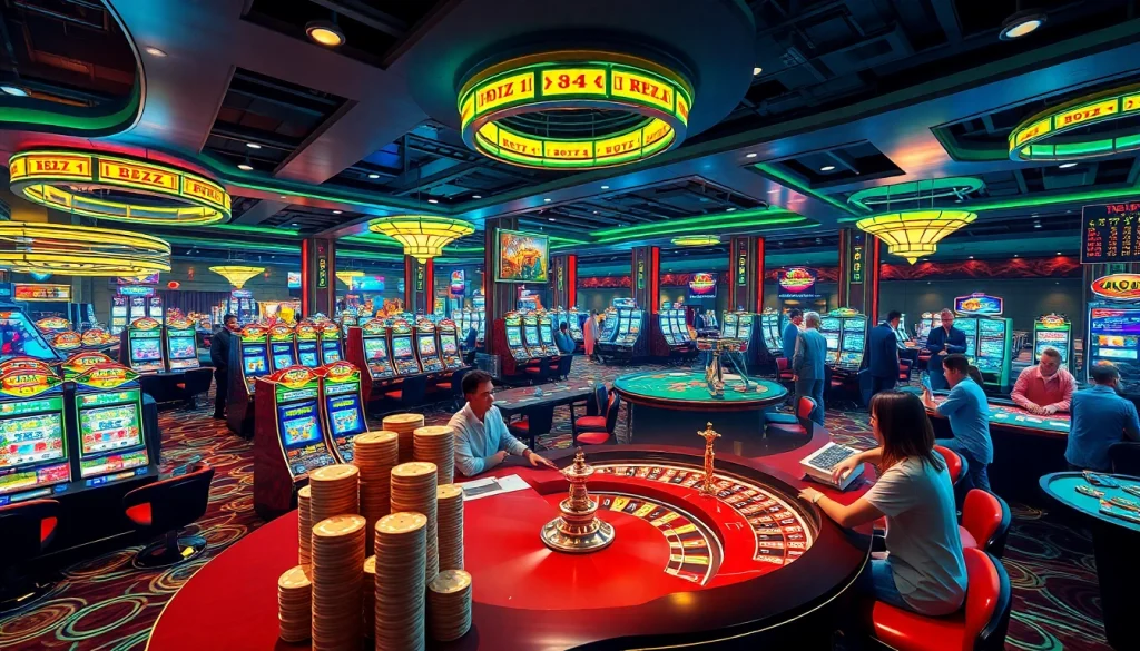 Experience the vibrant gambling world of KJC AC 1 with players enjoying casino tables and slot machines.