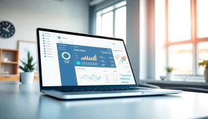 Bestellen Sie das Order Entry System über ein modernes Laptop-Interface in einem eleganten Büroumfeld.