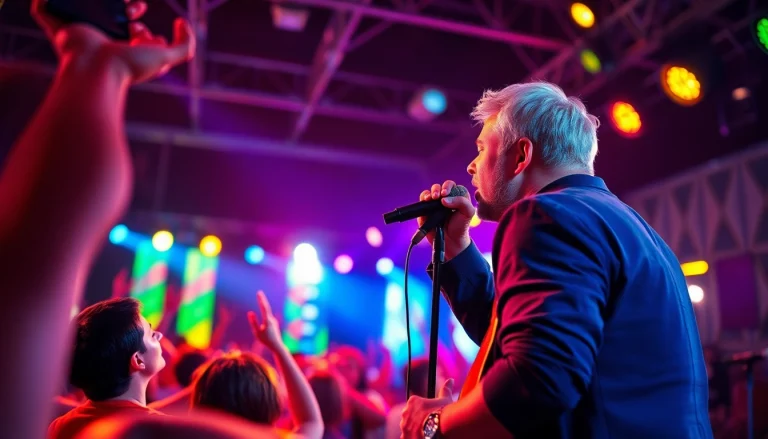 Kooralive musician captivating an audience with passionate performance at a vibrant festival.