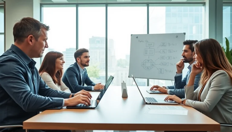 Discussing uk small business voip solutions among a professional team in a modern office.